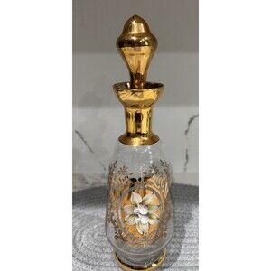 Vintage Bohemian Czech Gold Gilt Amber Glass Decanter with Moriage Flowers